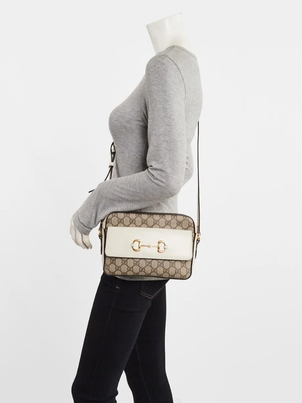 Gucci Beige/White GG Coated Canvas Horsebit 1955 Small Shoulder Bag